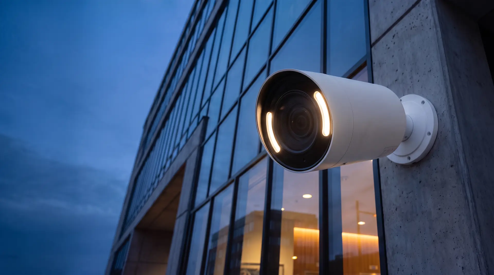 Moderna bullet kamera videonadzora s toplim LED svjetlom na uglu staklene poslovne zgrade u suton