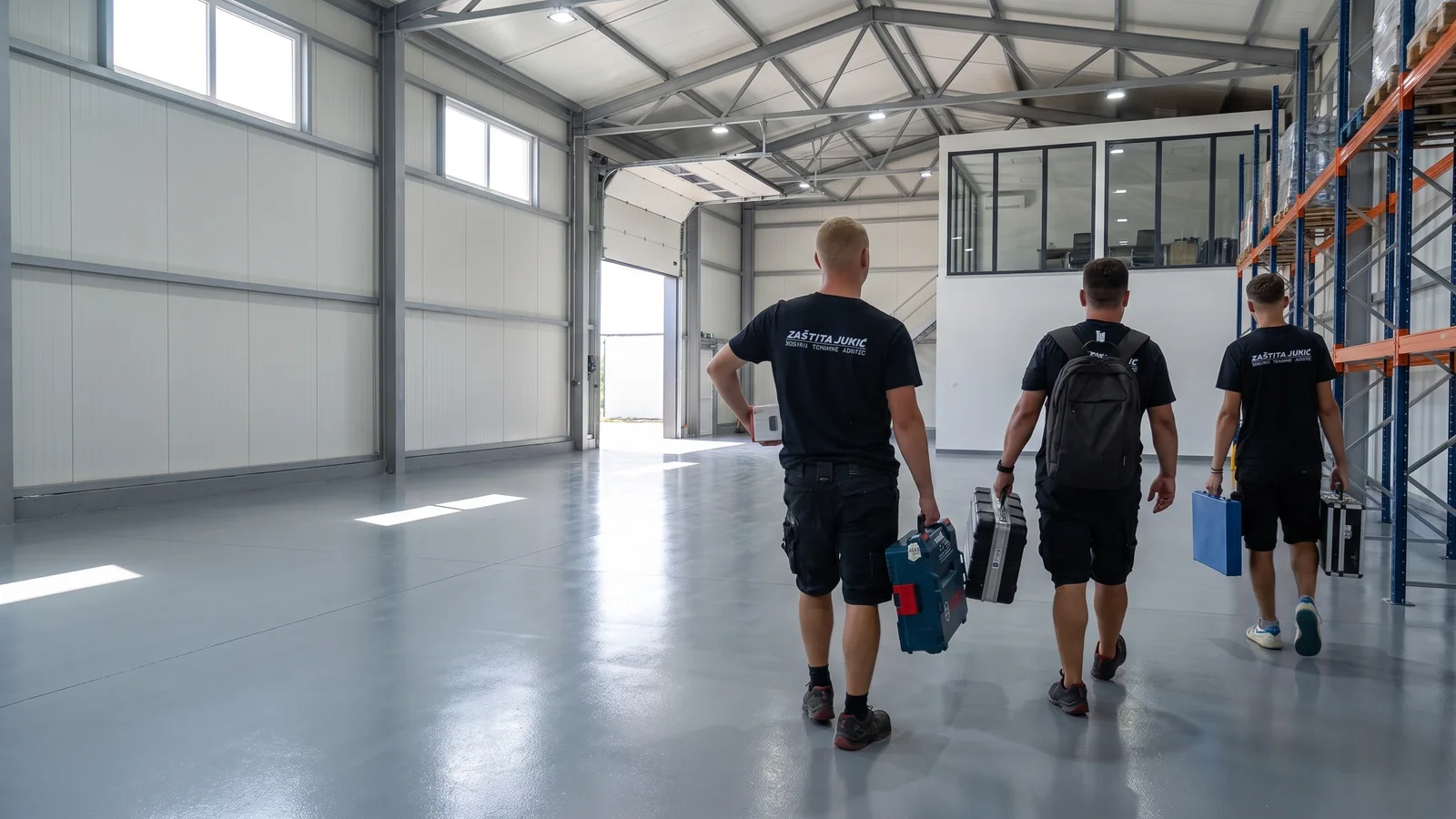 Tri tehničara Zaštite Jukić s koferima alata izlaze iz skladišta na teren