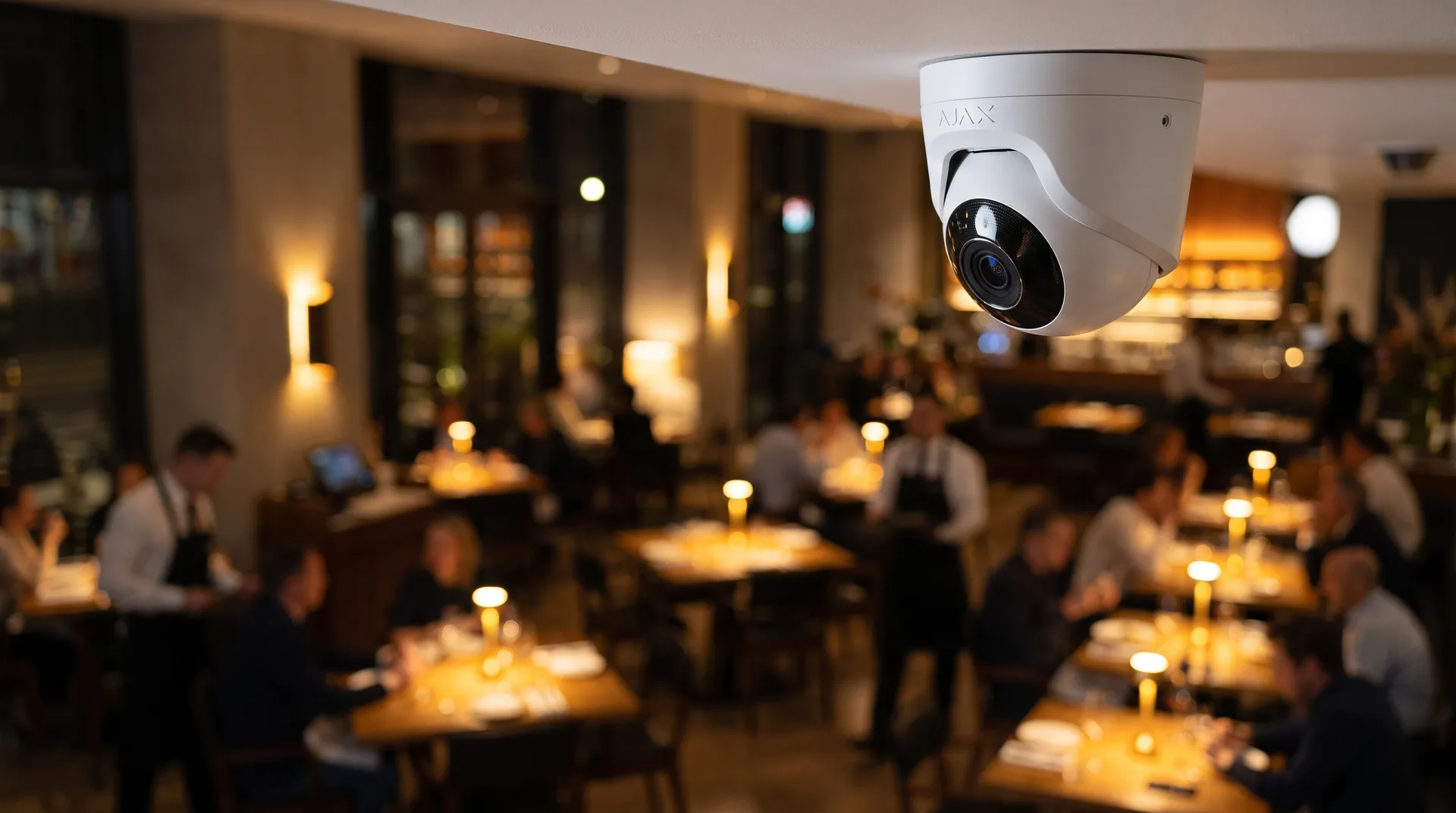 Kamera videonadzora na stropu restorana, u pozadini osoblje i gosti za stolovima