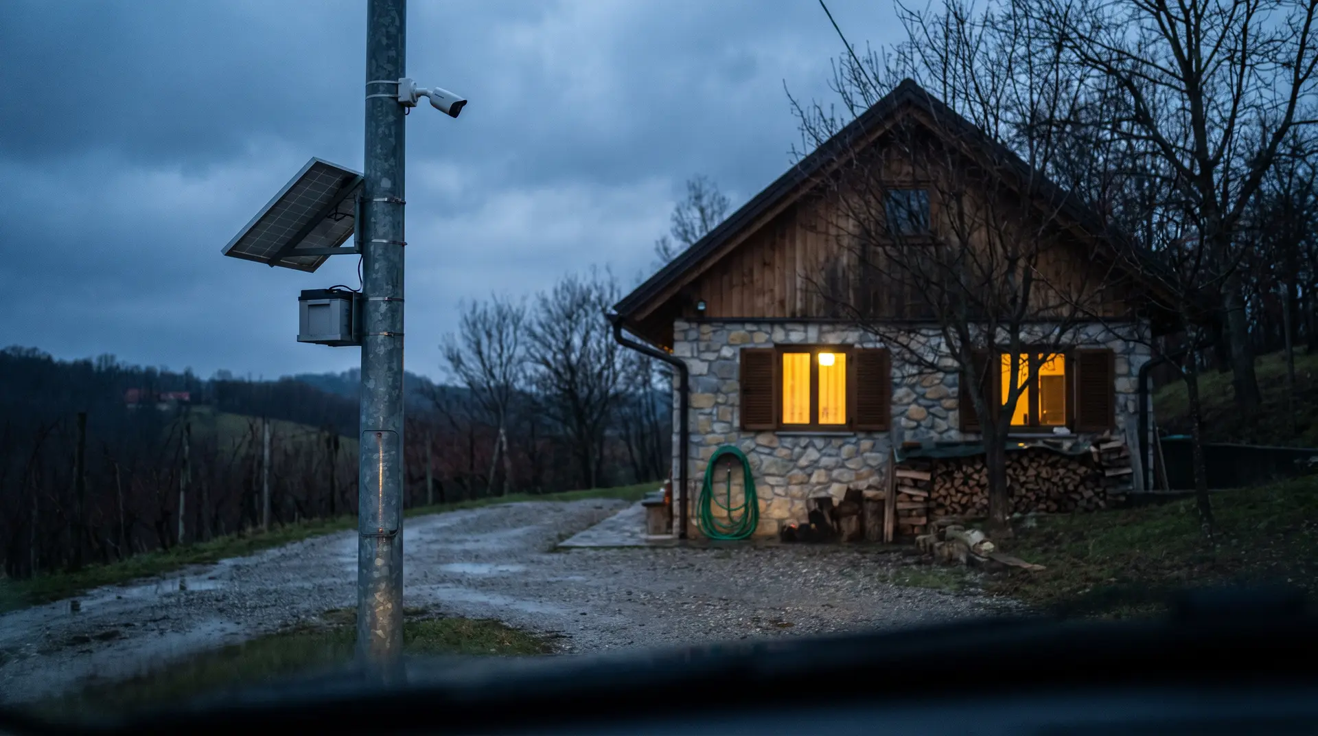 Vikendica na brijegu u sumrak sa stupom solarnog videonadzora u dvorištu