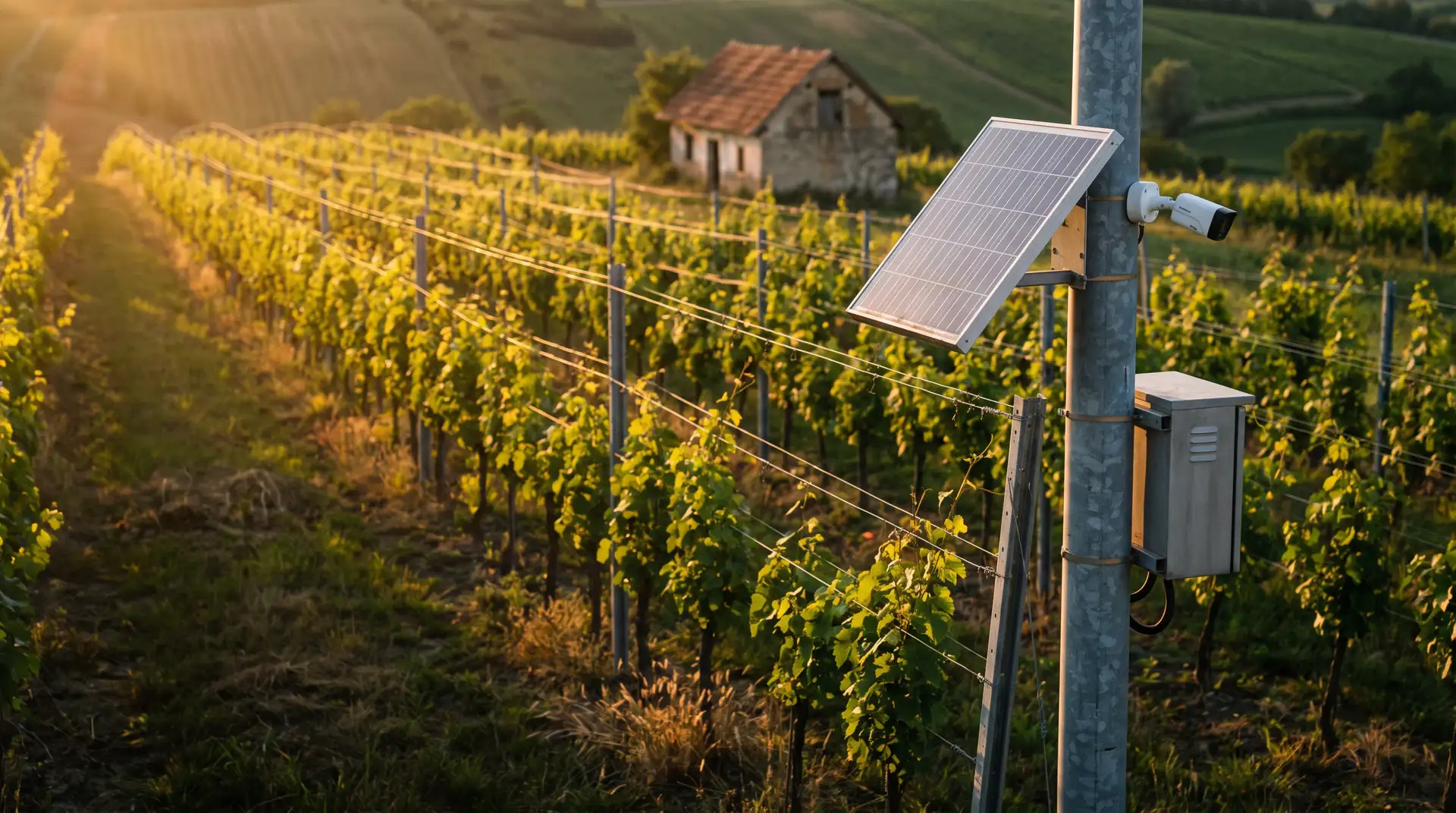Vinograd u zalasku sunca sa stupom solarnog videonadzora na rubu nasada